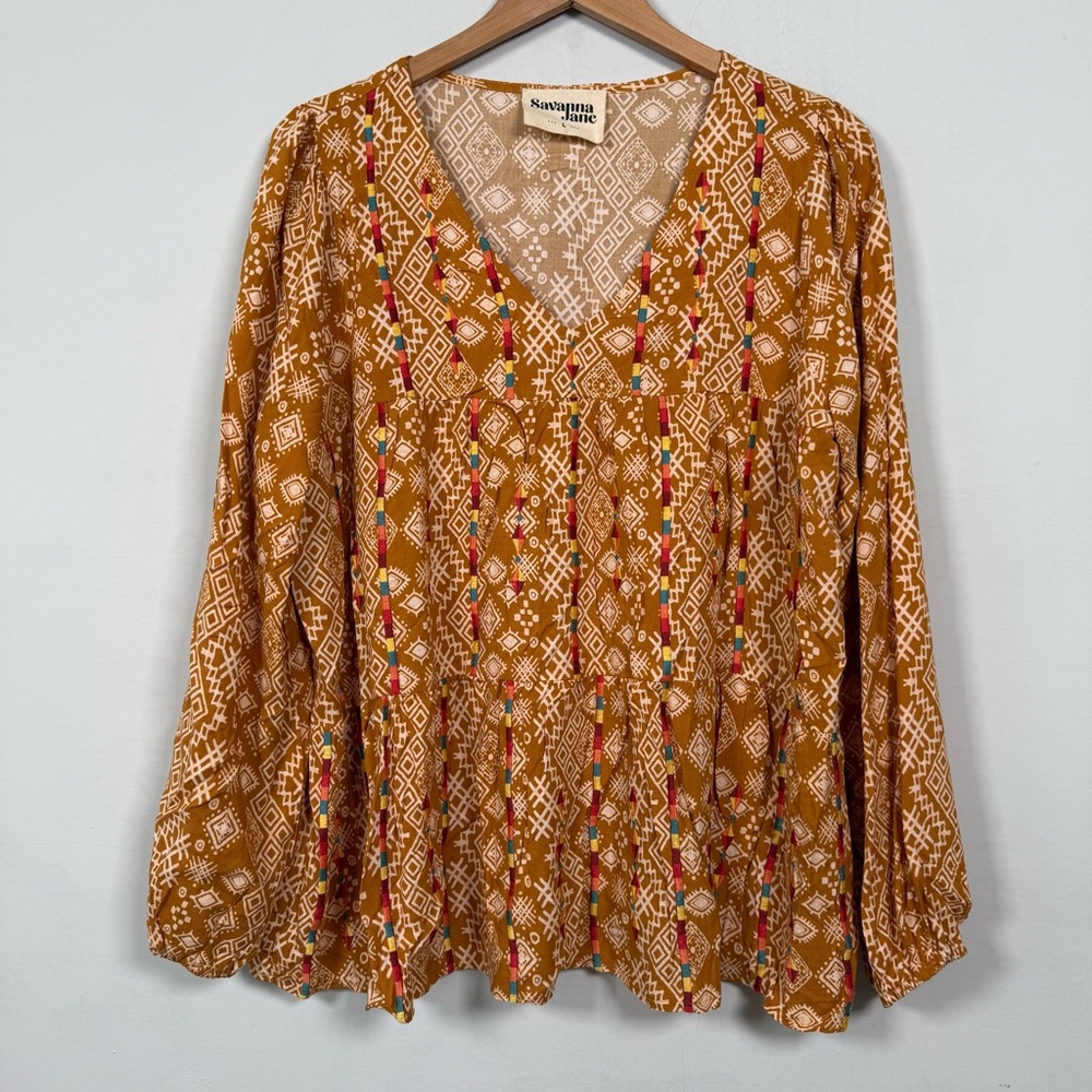 Savanna Jane Rayon Blouse, Embroidered Details, Size L, Excellent Condition